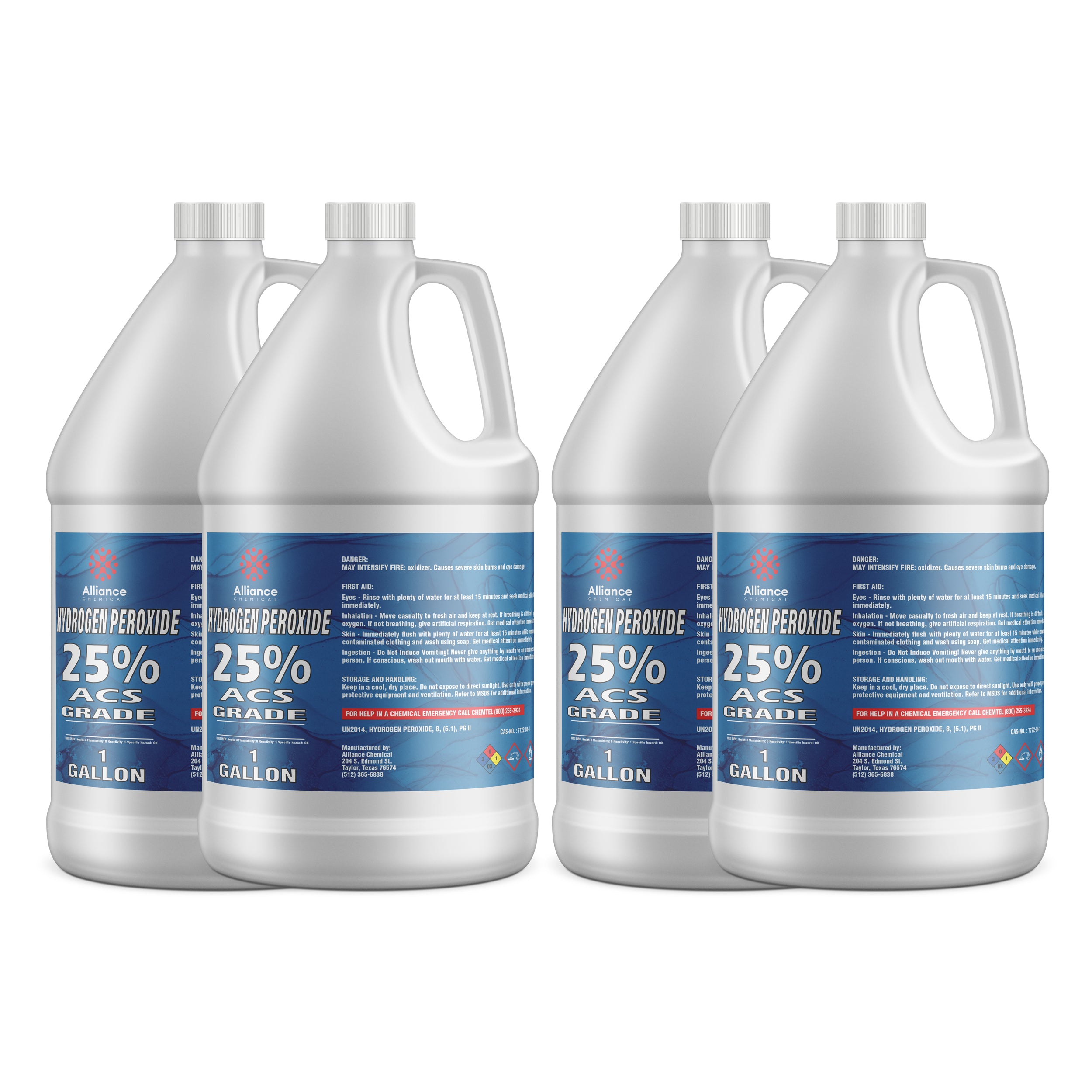 4x1-gallon Alliance Hydrogen Peroxide 25% ACS Grade in white HDPE jugs with blue labels, NFPA diamond hazard symbols, safety warnings, and ribbed caps.